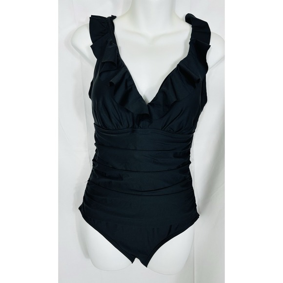 DKNY Womens Ruffle Plunge V-Neck One Piece Swimsuit Solid Black Size M NWT - Picture 3 of 8